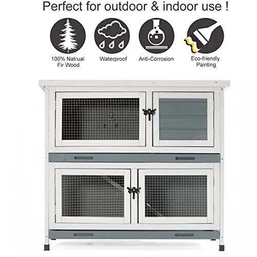 2 Story Solid Wood Rabbit/Bunny Hutch with 2 Large Main Rooms, Indoor Outdoor Rabbit House Guinea Pig Cage Pet House for Small Animals with Ventilation Door Removable Tray Waterproof Roof (Grey)