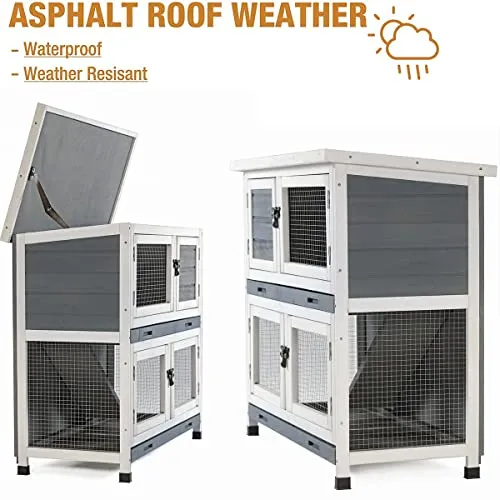 2 Story Solid Wood Rabbit/Bunny Hutch with 2 Large Main Rooms, Indoor Outdoor Rabbit House Guinea Pig Cage Pet House for Small Animals with Ventilation Door Removable Tray Waterproof Roof (Grey)