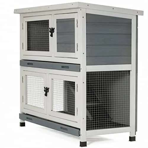 2 Story Solid Wood Rabbit/Bunny Hutch with 2 Large Main Rooms, Indoor Outdoor Rabbit House Guinea Pig Cage Pet House for Small Animals with Ventilation Door Removable Tray Waterproof Roof (Grey)