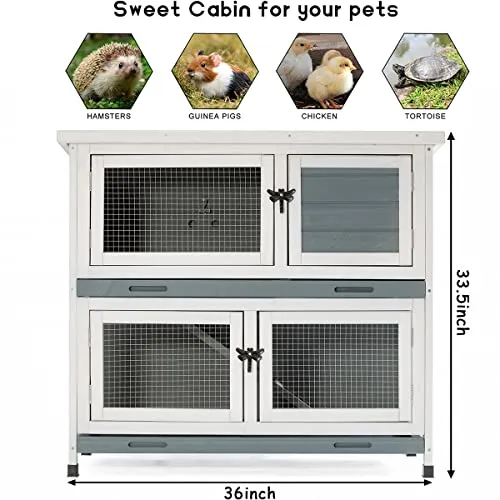 2 Story Solid Wood Rabbit/Bunny Hutch with 2 Large Main Rooms, Indoor Outdoor Rabbit House Guinea Pig Cage Pet House for Small Animals with Ventilation Door Removable Tray Waterproof Roof (Grey)