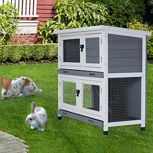 2 Story Solid Wood Rabbit/Bunny Hutch with 2 Large Main Rooms, Indoor Outdoor Rabbit House Guinea Pig Cage Pet House for Small Animals with Ventilation Door Removable Tray Waterproof Roof (Grey)