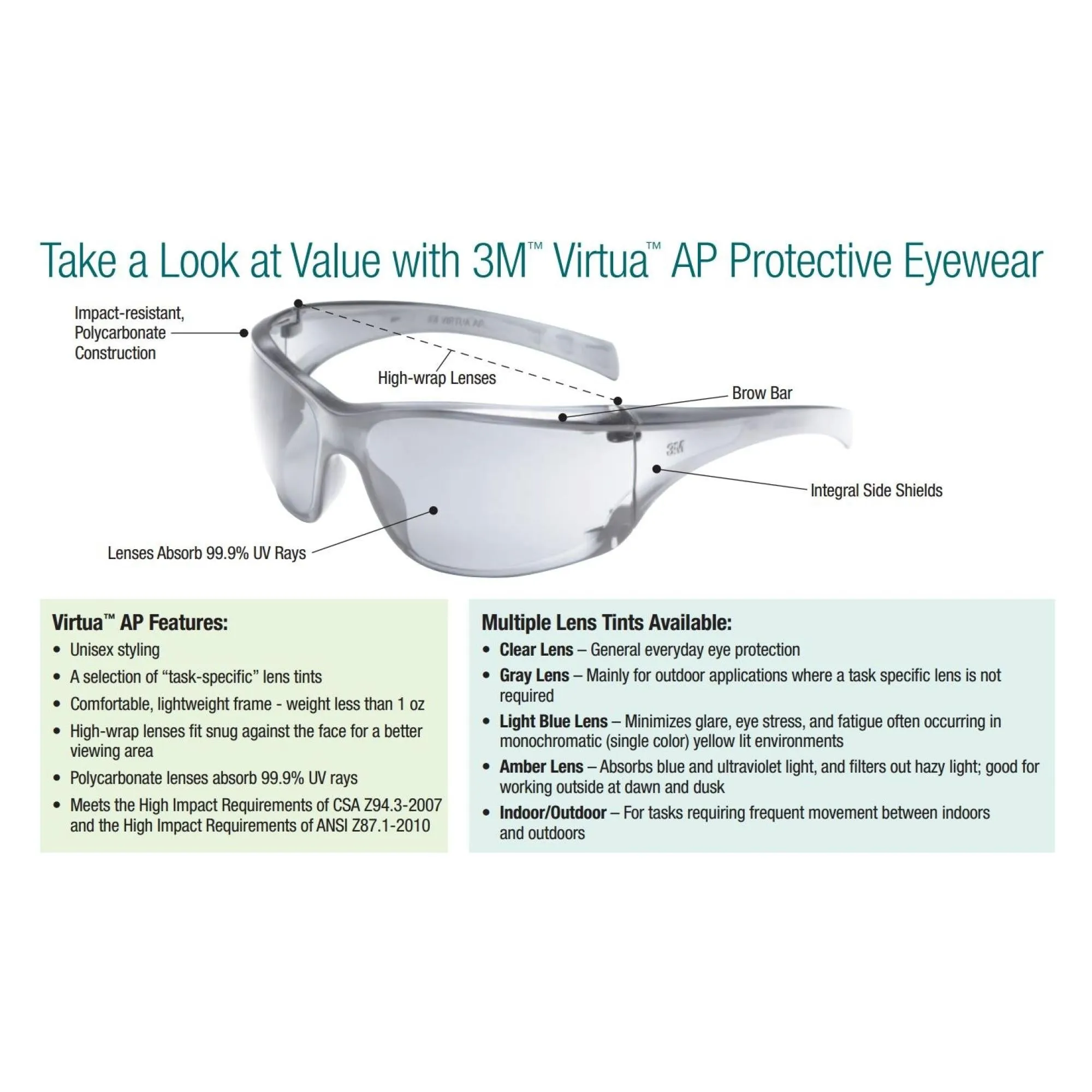 3M Virtua AP Protective Eyewear 11816-00000-20 Light Blue Hard Coat
Lens