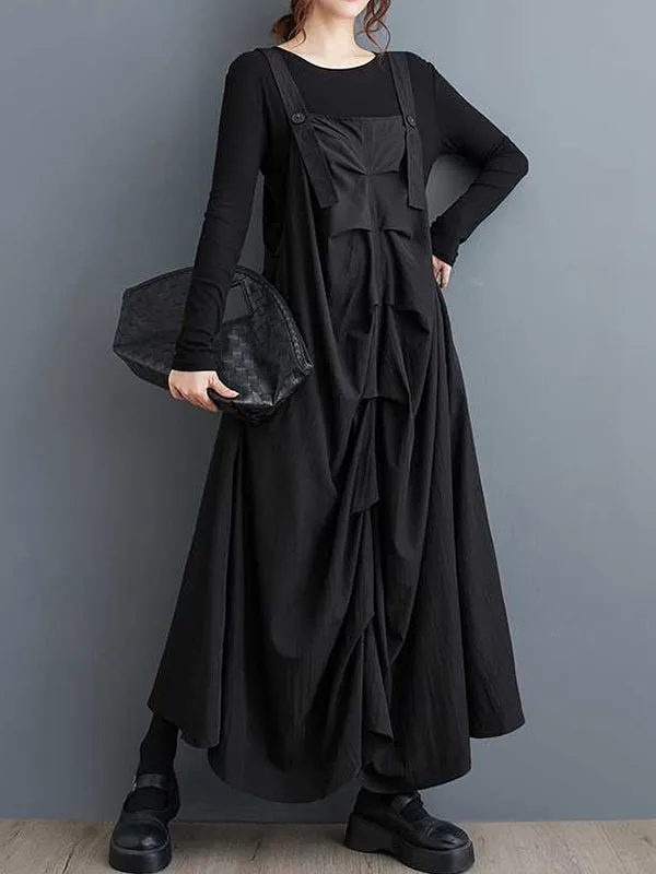 A-line Loose Buttoned Pleated Pockets Solid Color Split-Joint Spaghetti-Neck Midi Dresses