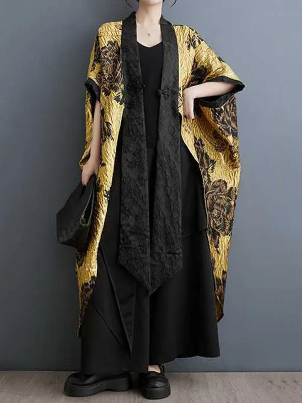 Batwing Sleeves Loose Flower-Embellished Chinese Frog Buttons Pleated Split-Joint V-Neck Outerwear