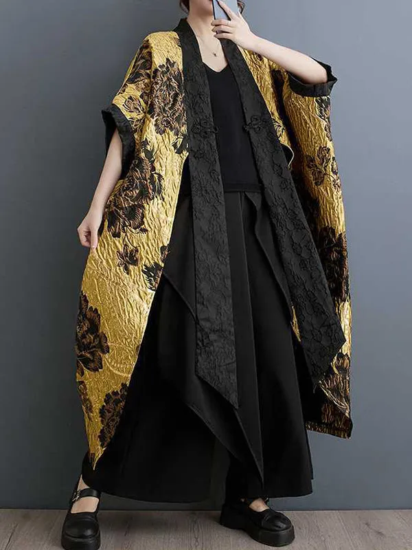 Batwing Sleeves Loose Flower-Embellished Chinese Frog Buttons Pleated Split-Joint V-Neck Outerwear