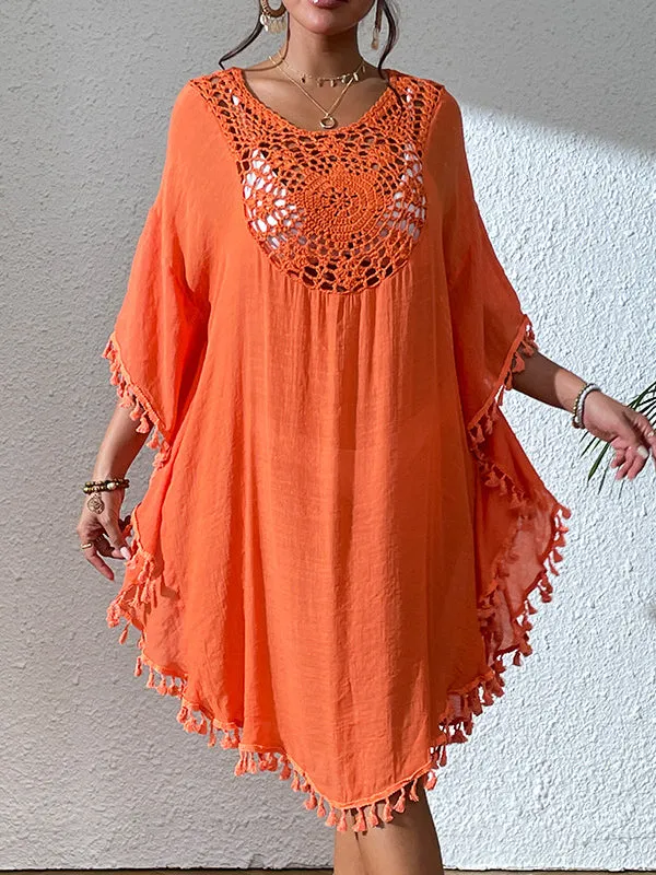 Batwing Sleeves Loose Hollow Solid Color Sun Protection Tasseled Round-Neck Cover-Ups Tops Midi Dresses