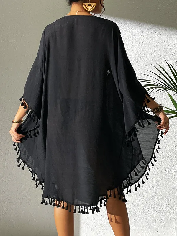 Batwing Sleeves Loose Hollow Solid Color Sun Protection Tasseled Round-Neck Cover-Ups Tops Midi Dresses