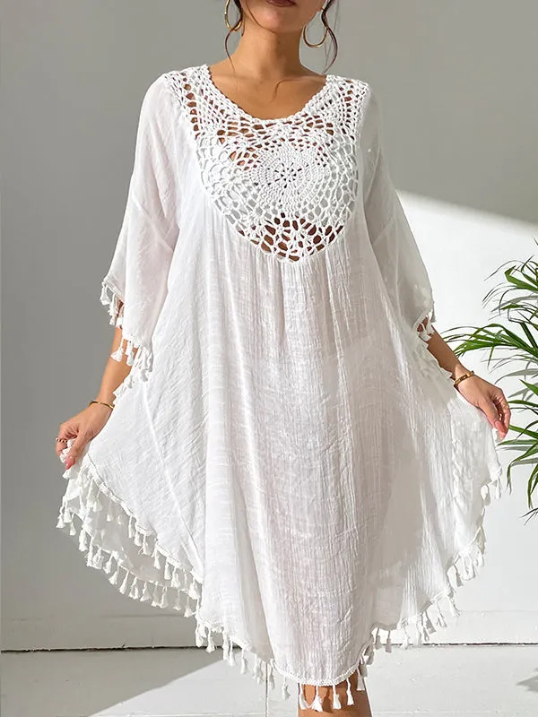 Batwing Sleeves Loose Hollow Solid Color Sun Protection Tasseled Round-Neck Cover-Ups Tops Midi Dresses