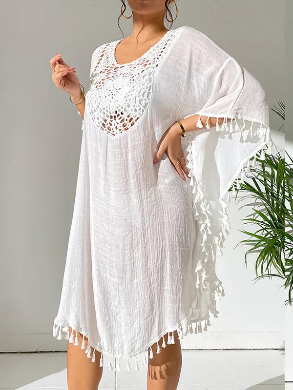 Batwing Sleeves Loose Hollow Solid Color Sun Protection Tasseled Round-Neck Cover-Ups Tops Midi Dresses