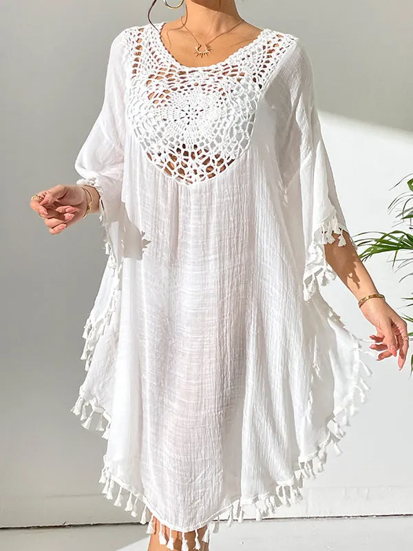 Batwing Sleeves Loose Hollow Solid Color Sun Protection Tasseled Round-Neck Cover-Ups Tops Midi Dresses