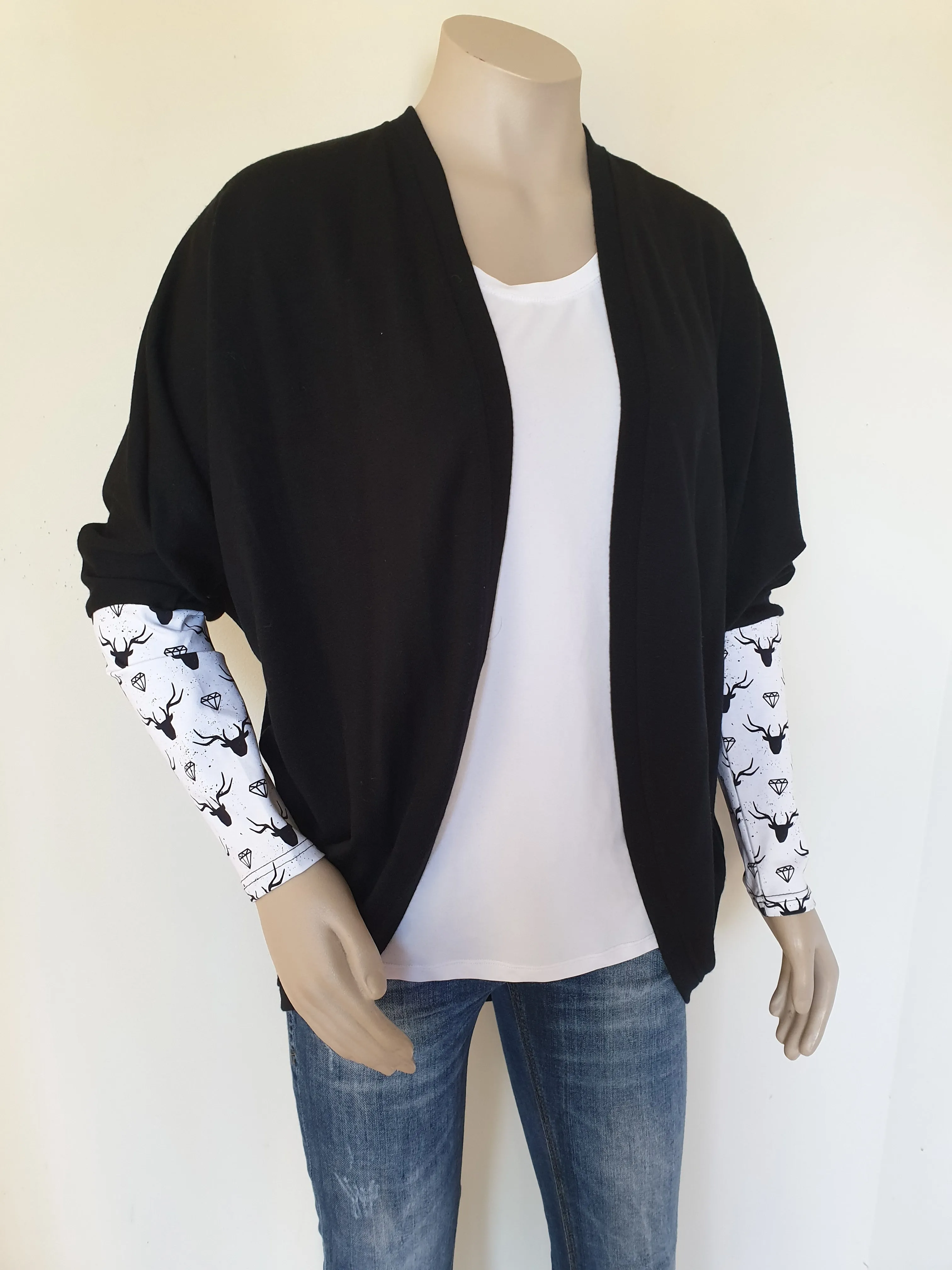 Black Merino Stag / Diamond Print Batwing Cardi