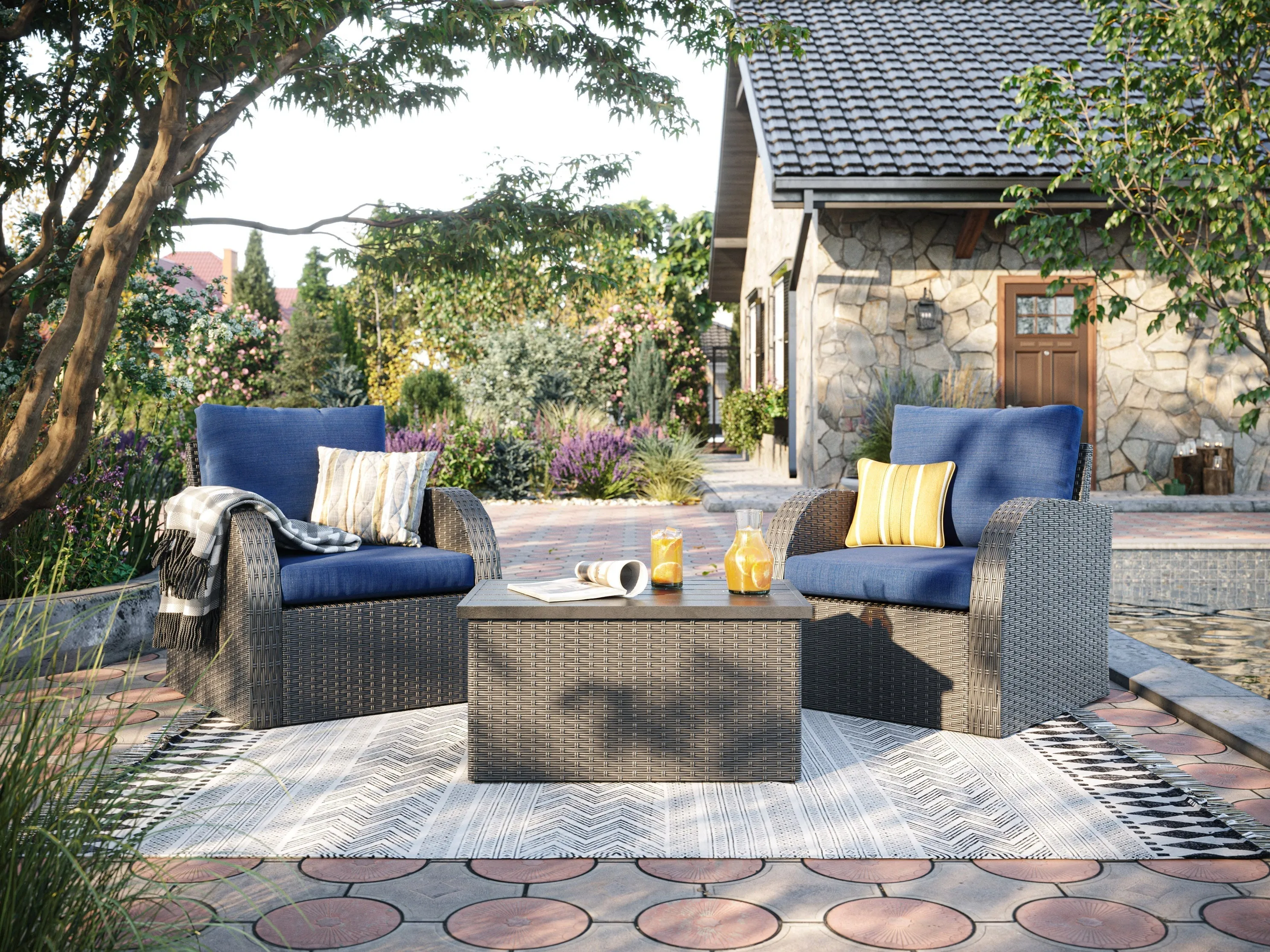 Blue Outdoor Wicker Table and Chairs