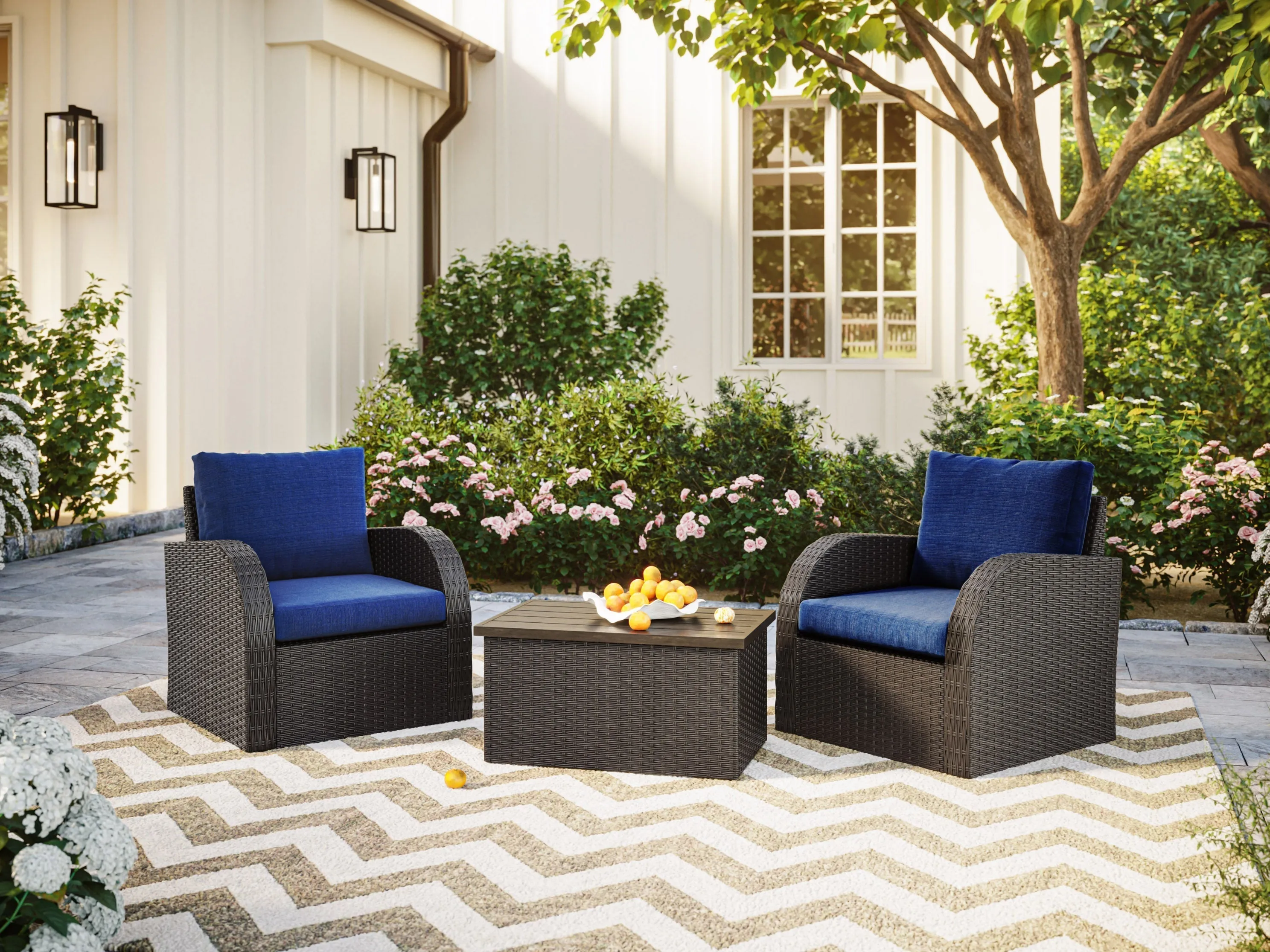 Blue Outdoor Wicker Table and Chairs