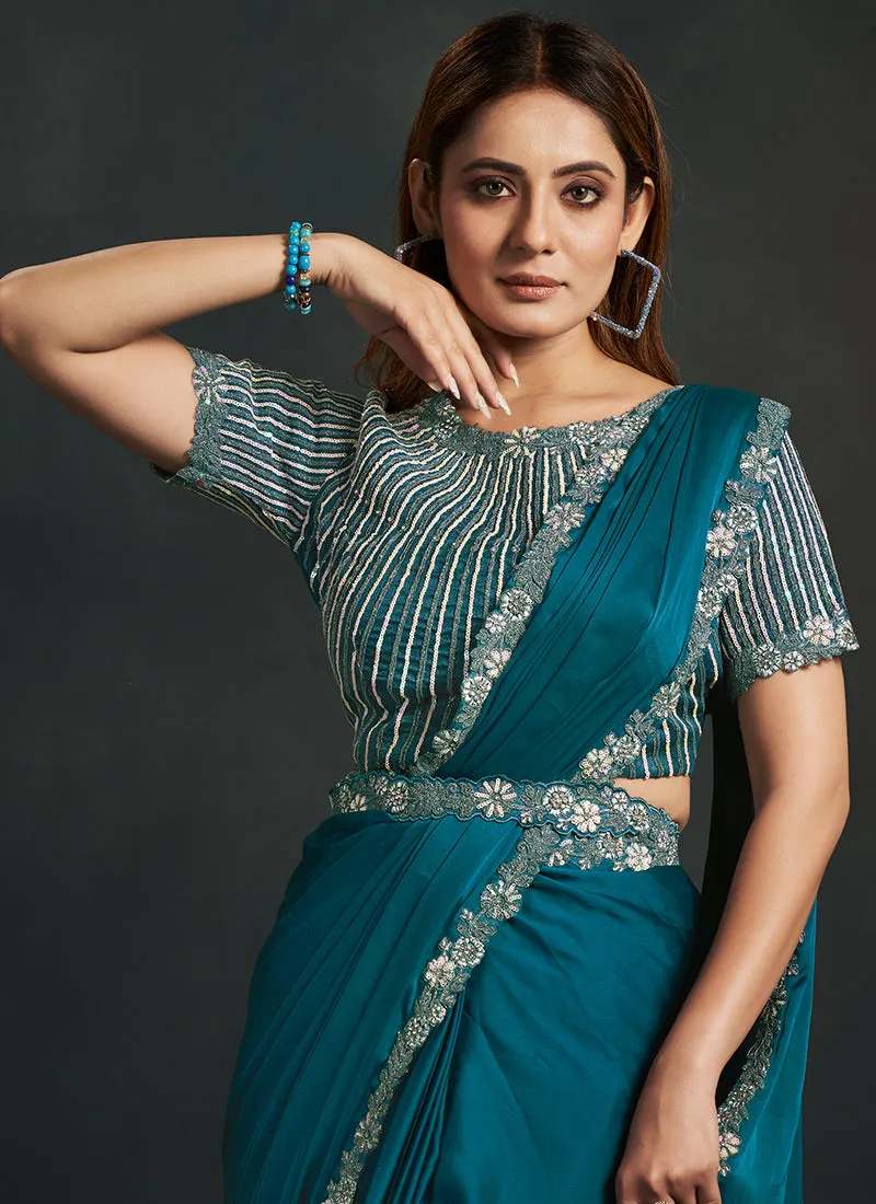 Blue Sequence Embroidery Wedding Saree With Cape