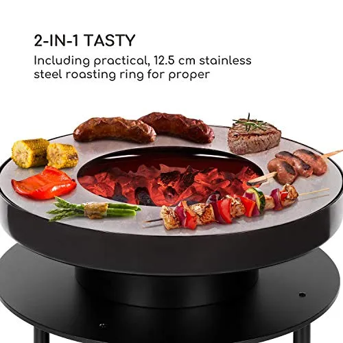 blumfeldt Wood Stock 2-in-1 Fire Bowl & BBQ Grill - Ring of Fire BBQ Ledge, 4.9" Stainless Steel Roasting Ring, 22" Diameter / 11.8" with Roasting Ring, Wood Storage: 8.9 x 13.7 (DxH), Black