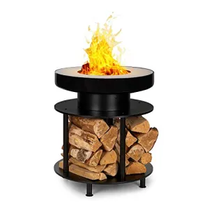 blumfeldt Wood Stock 2-in-1 Fire Bowl & BBQ Grill - Ring of Fire BBQ Ledge, 4.9" Stainless Steel Roasting Ring, 22" Diameter / 11.8" with Roasting Ring, Wood Storage: 8.9 x 13.7 (DxH), Black