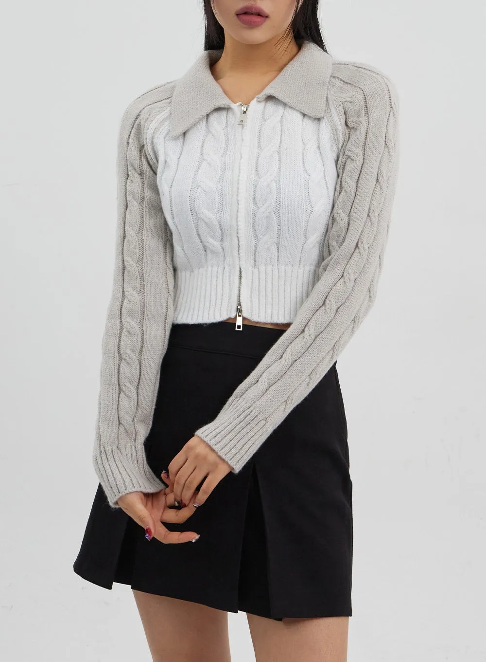 Cable Knit Cropped Zip-Up CJ319