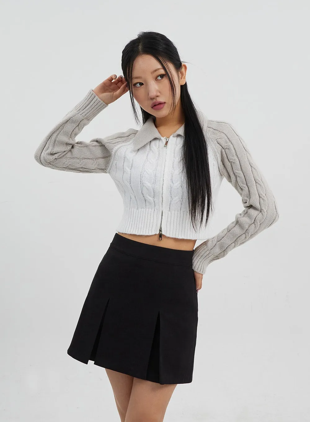 Cable Knit Cropped Zip-Up CJ319