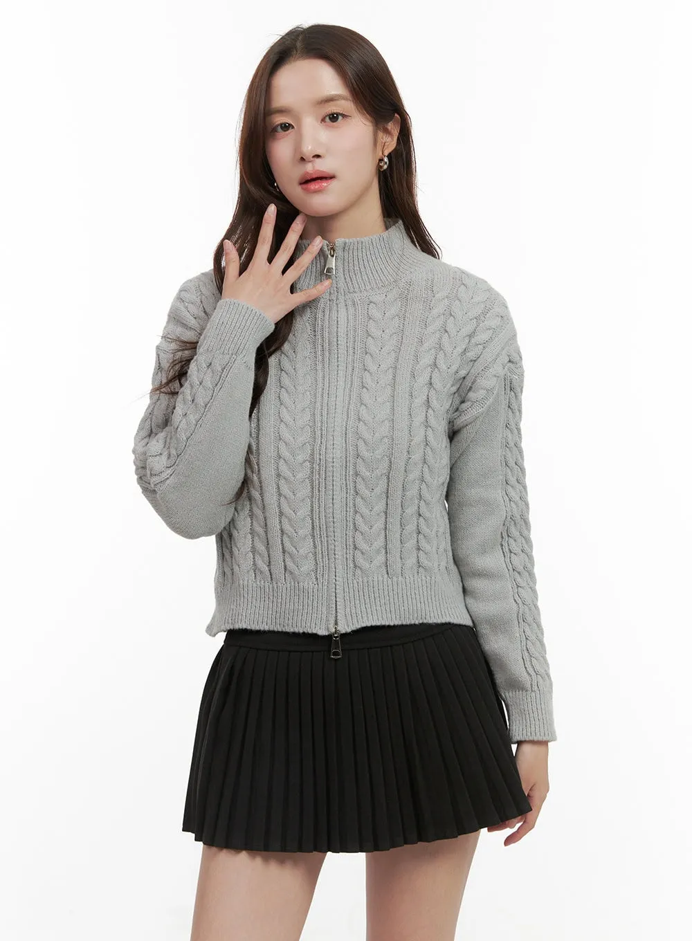 Cable Knit Zip-Up Crop Cardigan OO421