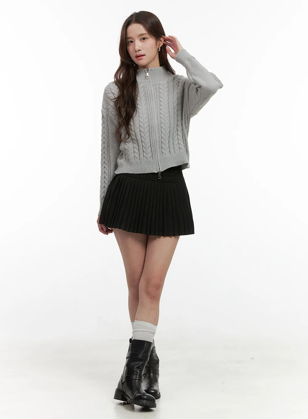 Cable Knit Zip-Up Crop Cardigan OO421