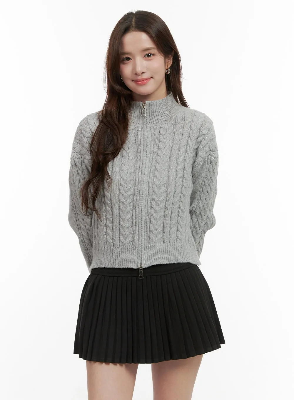 Cable Knit Zip-Up Crop Cardigan OO421