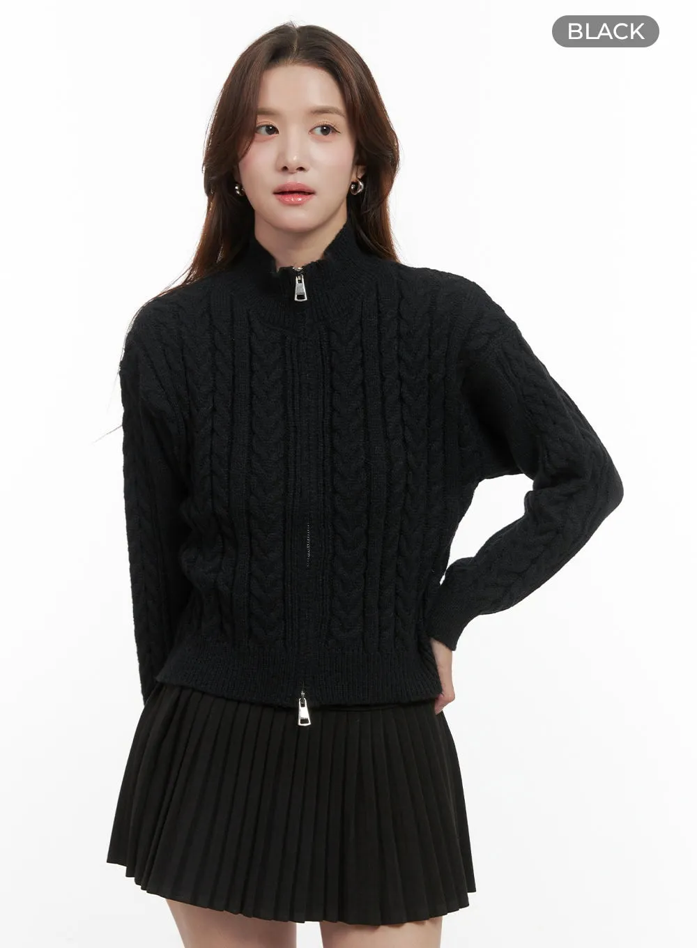 Cable Knit Zip-Up Crop Cardigan OO421