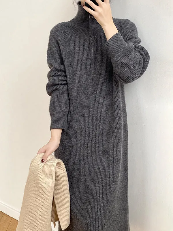 Casual Loose Long Sleeves Solid Color Zipper High-Neck Sweater Dresses