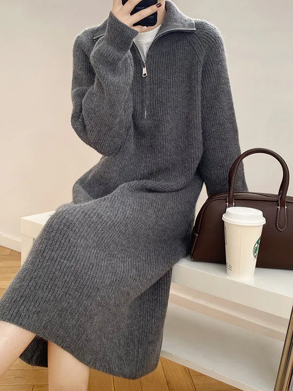 Casual Loose Long Sleeves Solid Color Zipper High-Neck Sweater Dresses