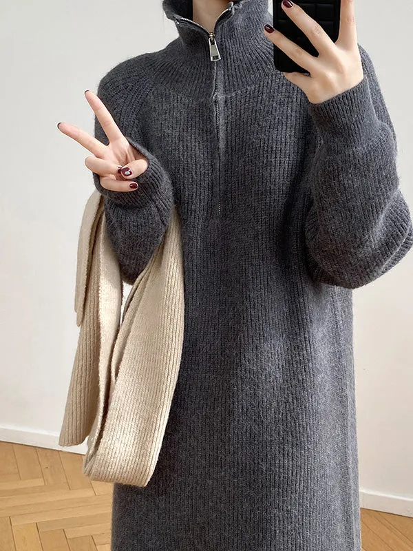 Casual Loose Long Sleeves Solid Color Zipper High-Neck Sweater Dresses