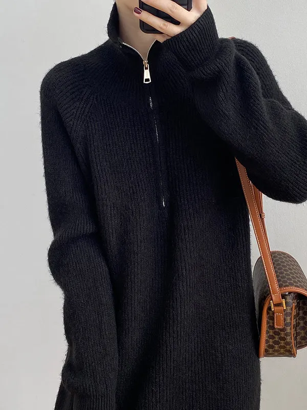 Casual Loose Long Sleeves Solid Color Zipper High-Neck Sweater Dresses