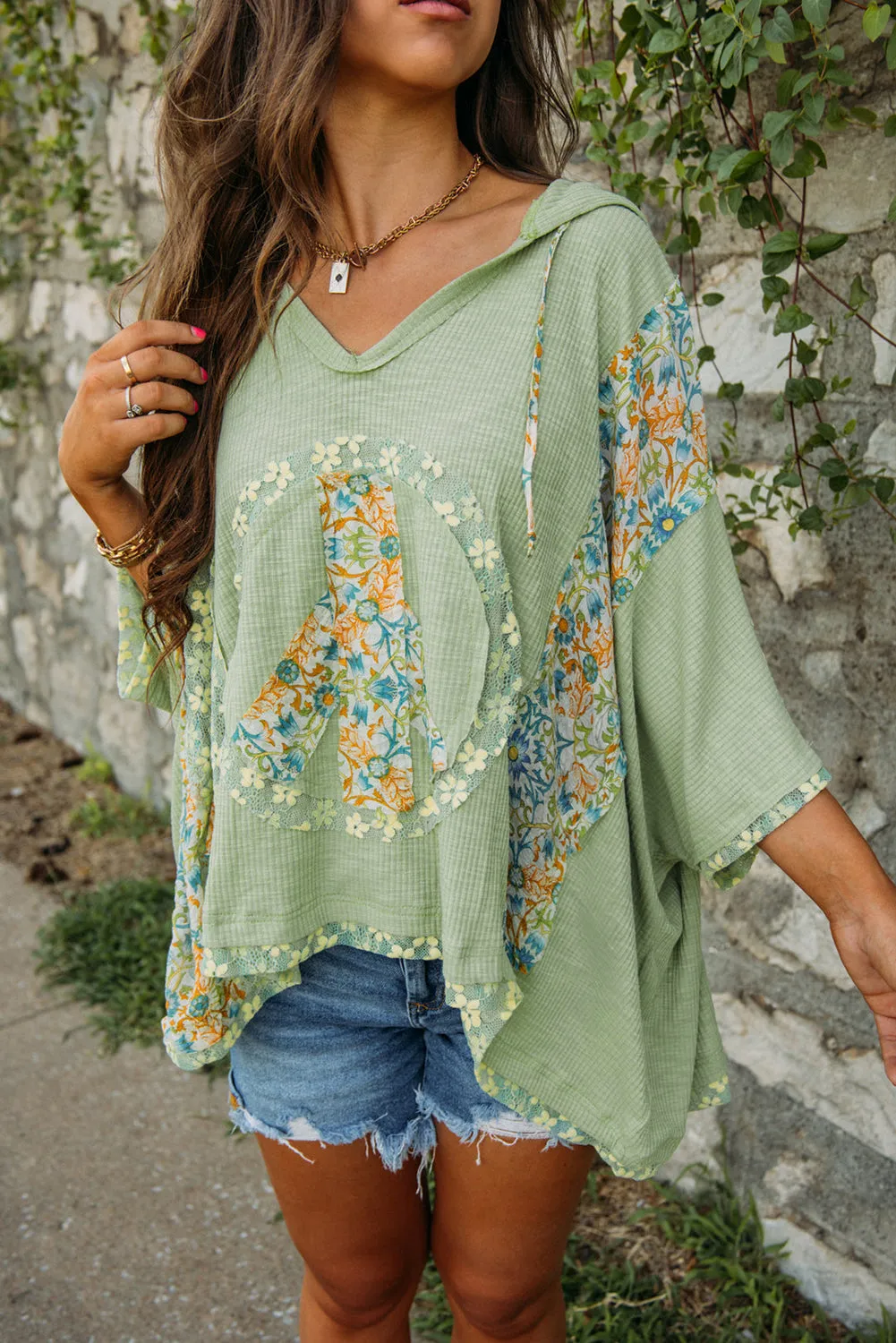 Clearly Aqua Floral Patchwork V Neck Batwing Sleeve Ribbed Top