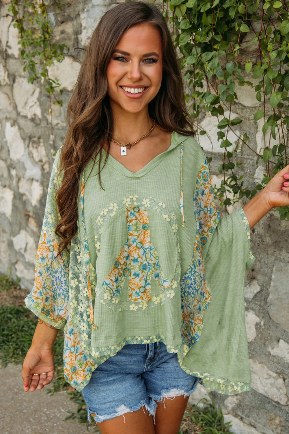 Clearly Aqua Floral Patchwork V Neck Batwing Sleeve Ribbed Top