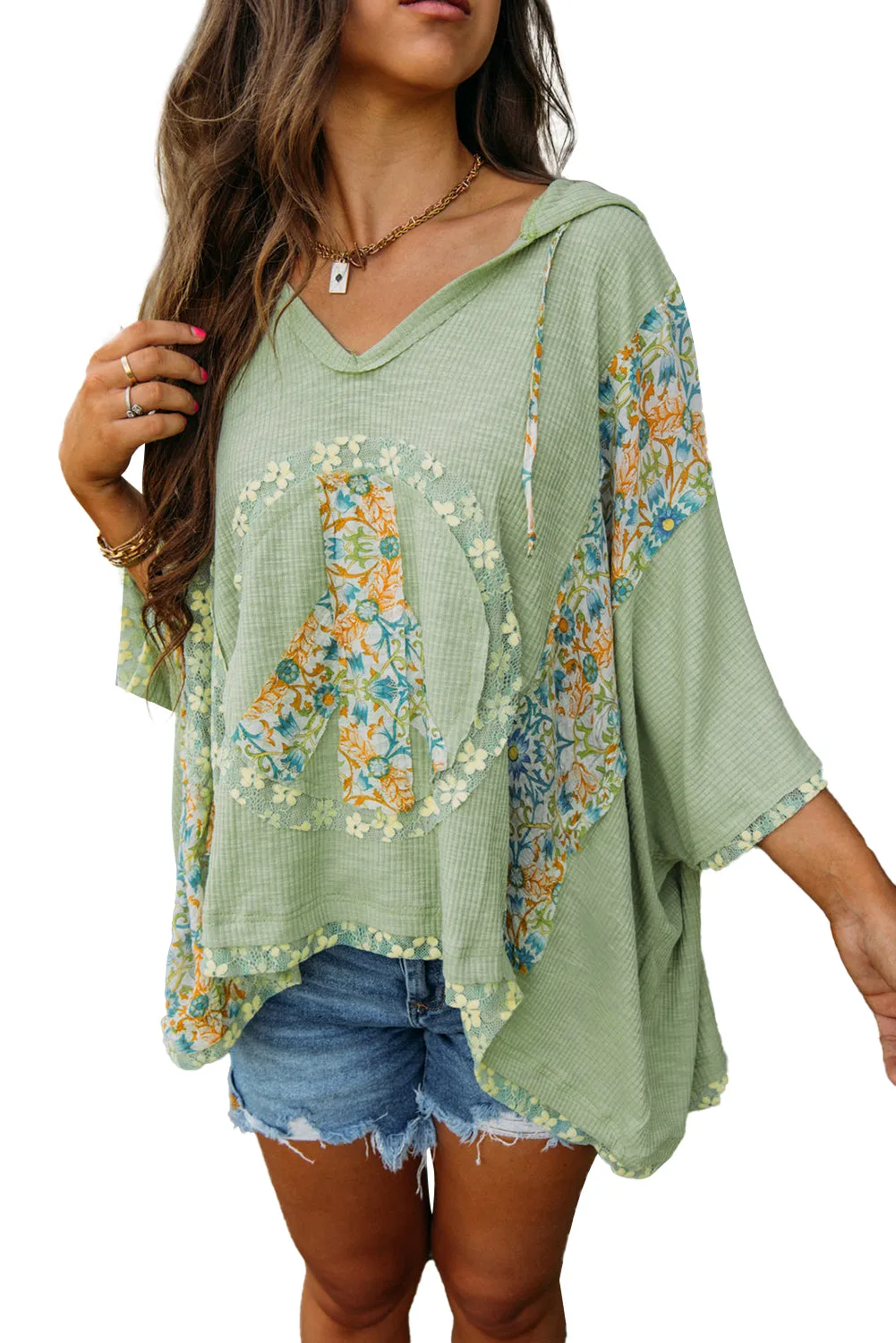 Clearly Aqua Floral Patchwork V Neck Batwing Sleeve Ribbed Top