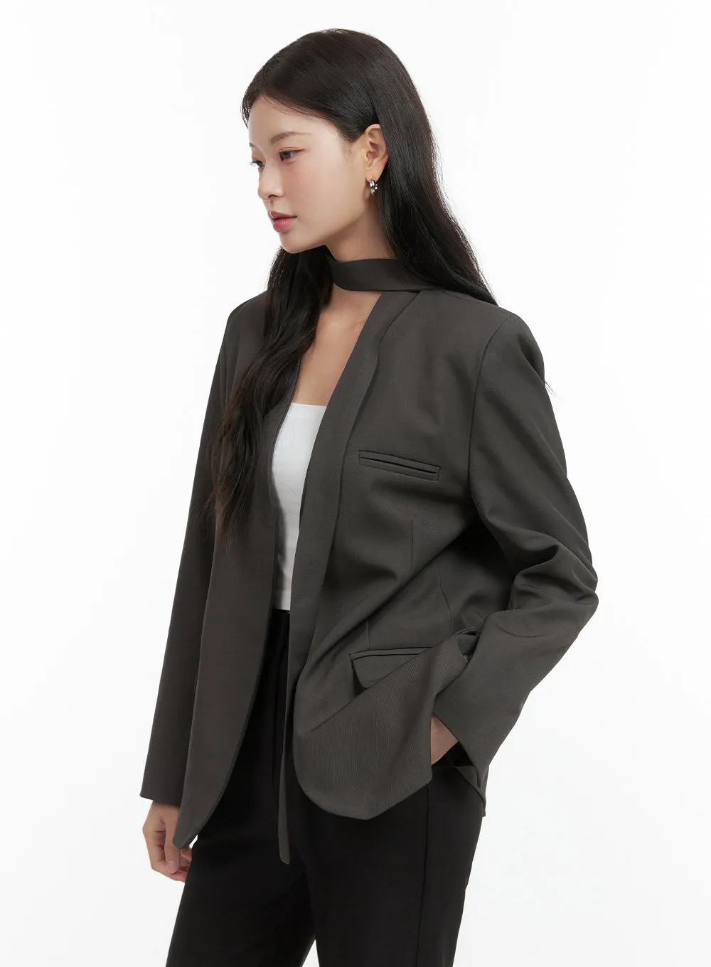 Collarless Chic Tie Blazer Jacket OS423