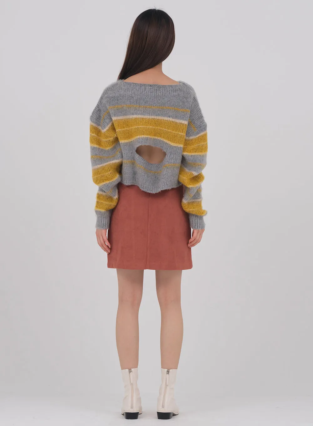 Crew Neck Cropped Knit with Stripes #1217o61