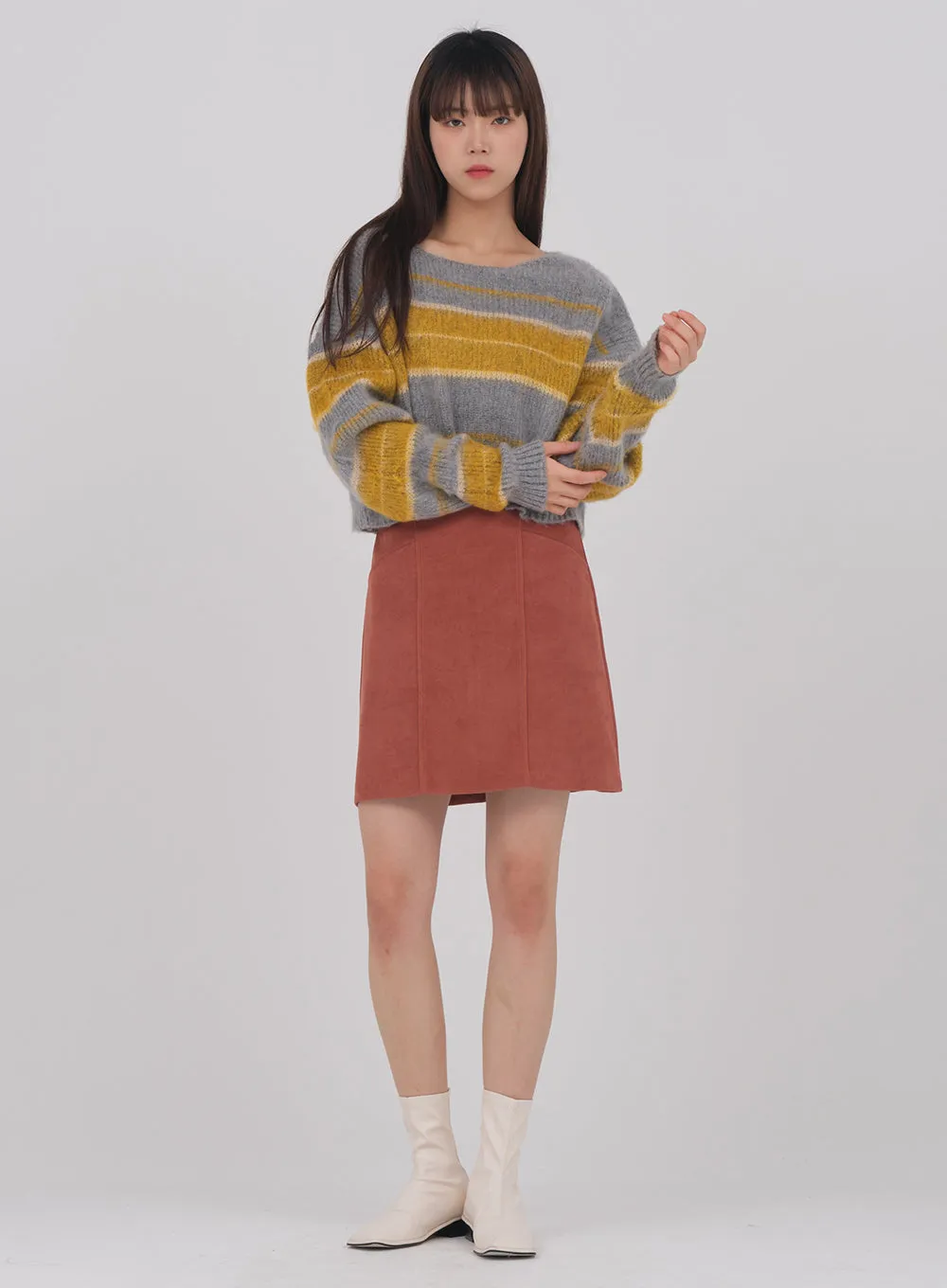 Crew Neck Cropped Knit with Stripes #1217o61