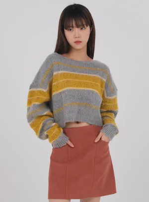 Crew Neck Cropped Knit with Stripes #1217o61