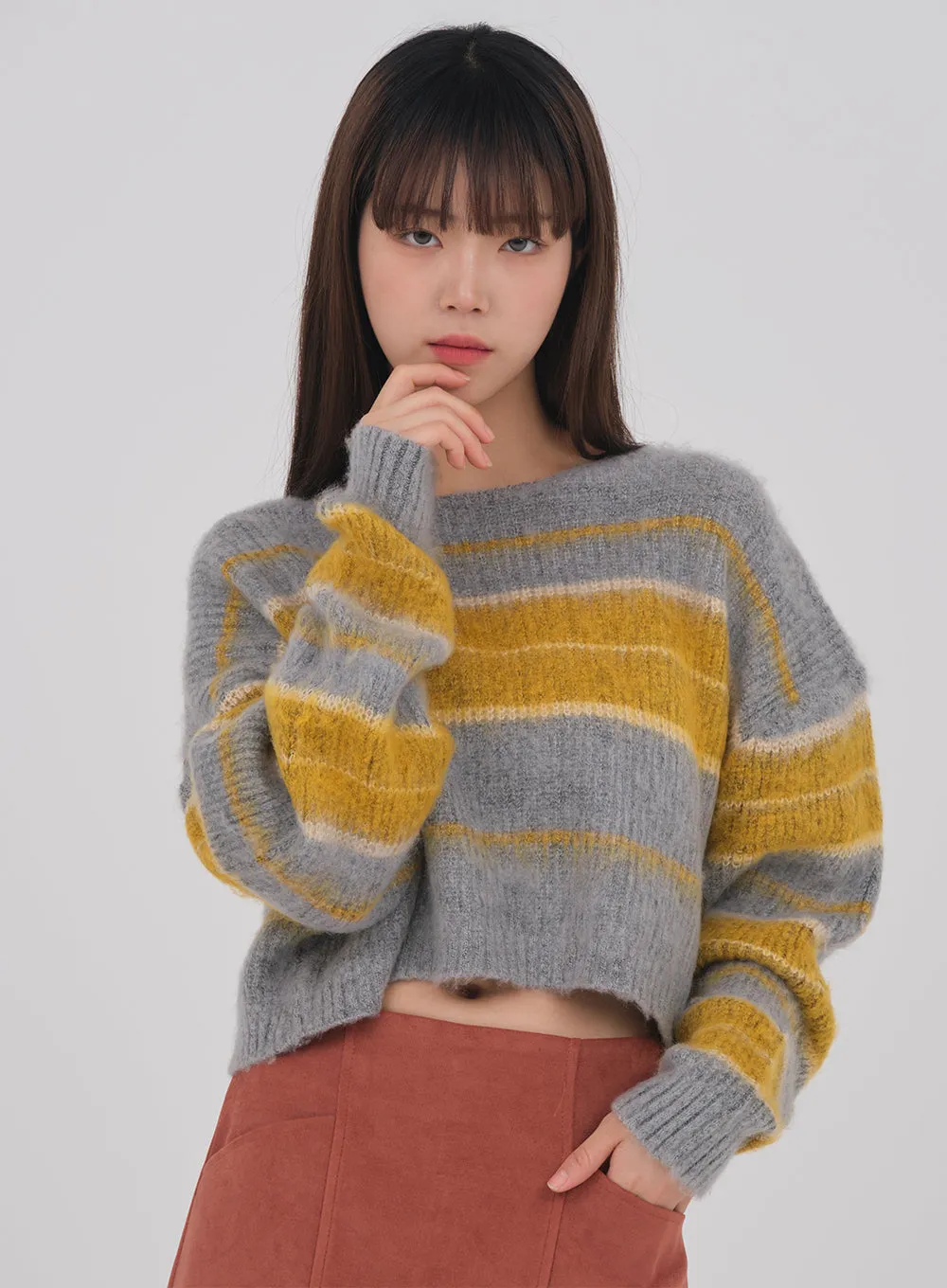 Crew Neck Cropped Knit with Stripes #1217o61