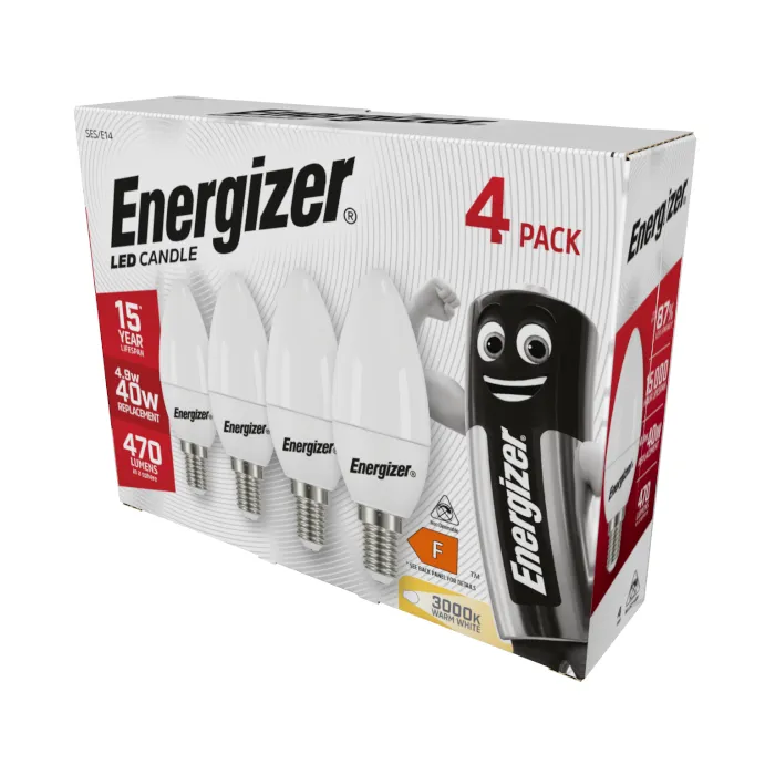 Energizer 4.9W E14 Candle LED Bulb - 4 Pack - 470lm - 3000K