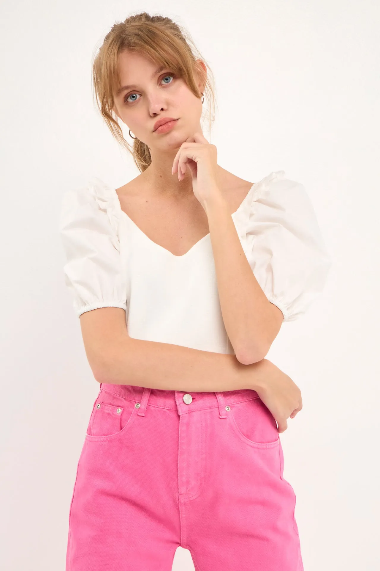 English Factory - Mixed Media Puff Sleeve Crop Top