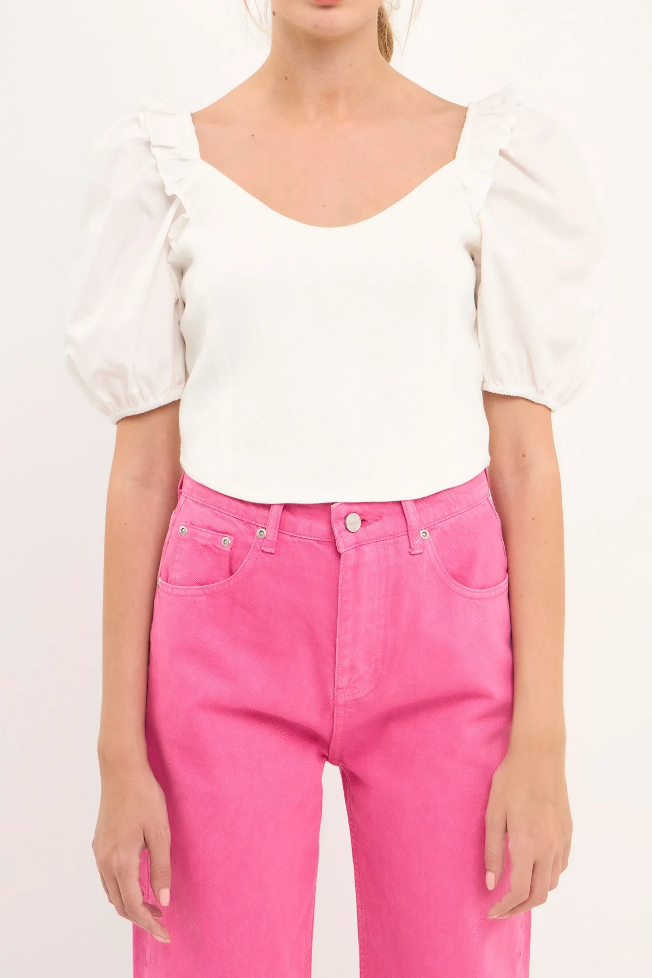 English Factory - Mixed Media Puff Sleeve Crop Top