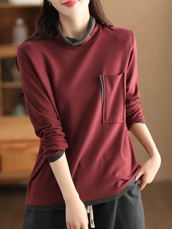 False Two Long Sleeves Contrast Color Pockets High Neck T-Shirts Tops