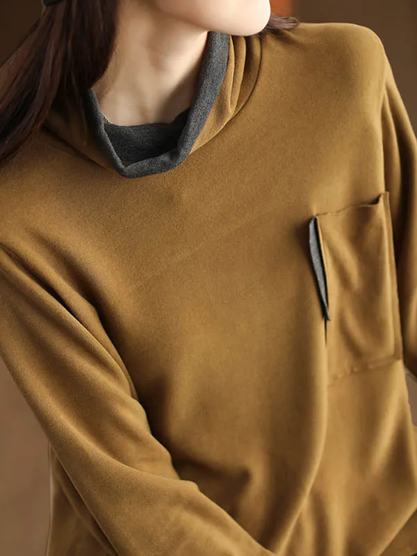 False Two Long Sleeves Contrast Color Pockets High Neck T-Shirts Tops