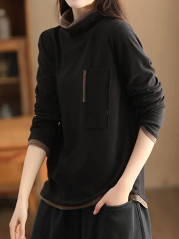 False Two Long Sleeves Contrast Color Pockets High Neck T-Shirts Tops