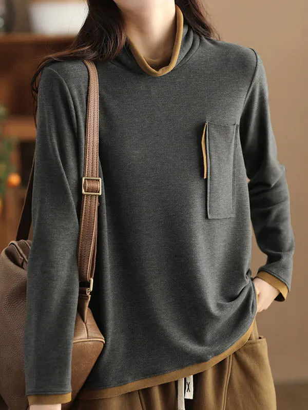 False Two Long Sleeves Contrast Color Pockets High Neck T-Shirts Tops