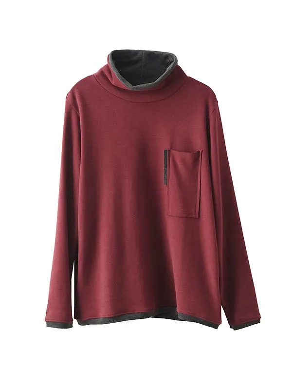 False Two Long Sleeves Contrast Color Pockets High Neck T-Shirts Tops