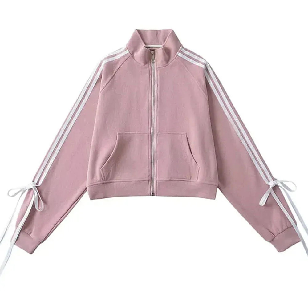 Fashionkova Blokette Bows Side Stripe Zip Up Sweatshirt