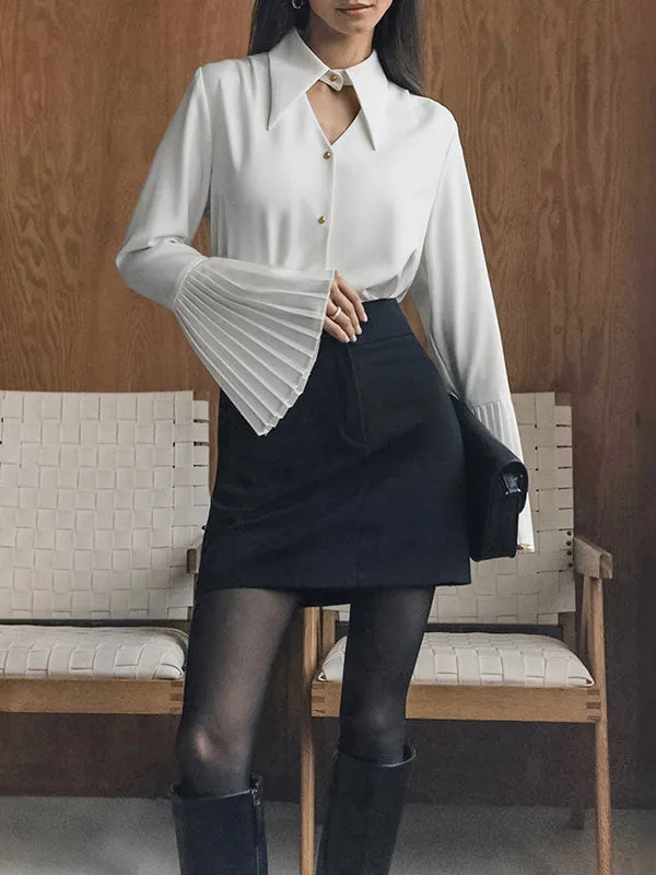 Flared Sleeves Long Sleeves Buttoned Hollow Pleated Split-Joint Lapel Blouses&Shirts Tops