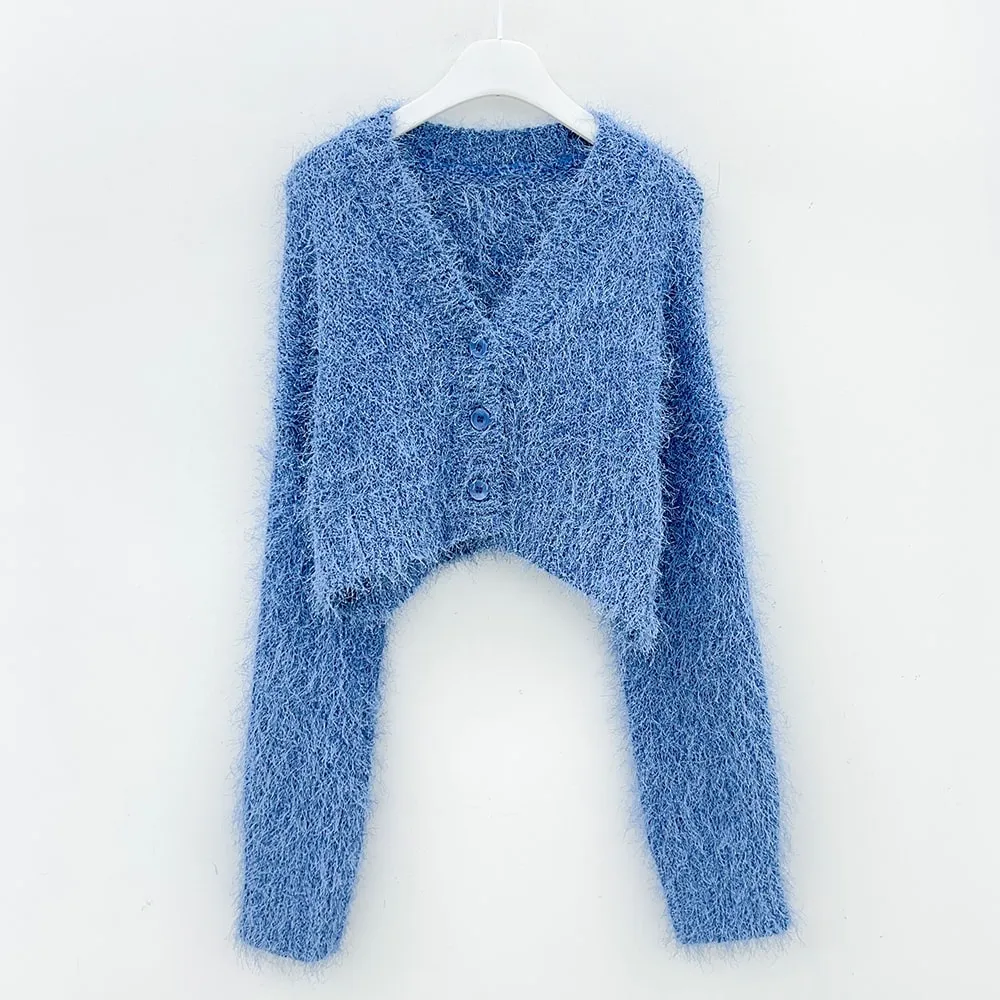 Fuzzy V Neck Cropped Cardigan J31