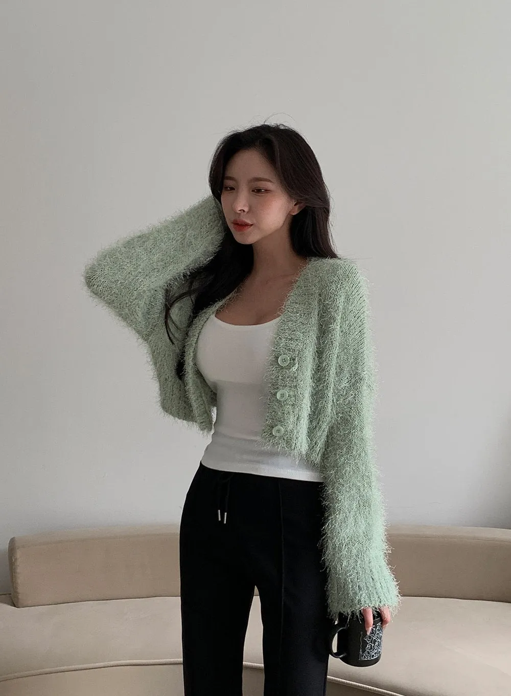 Fuzzy V Neck Cropped Cardigan J31